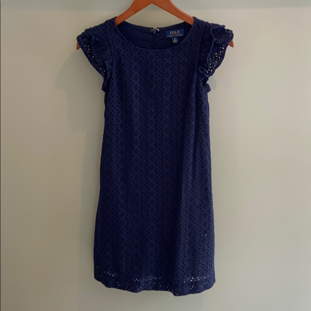 Girls size 14 Polo navy dress with ruffles sleeves bin 06